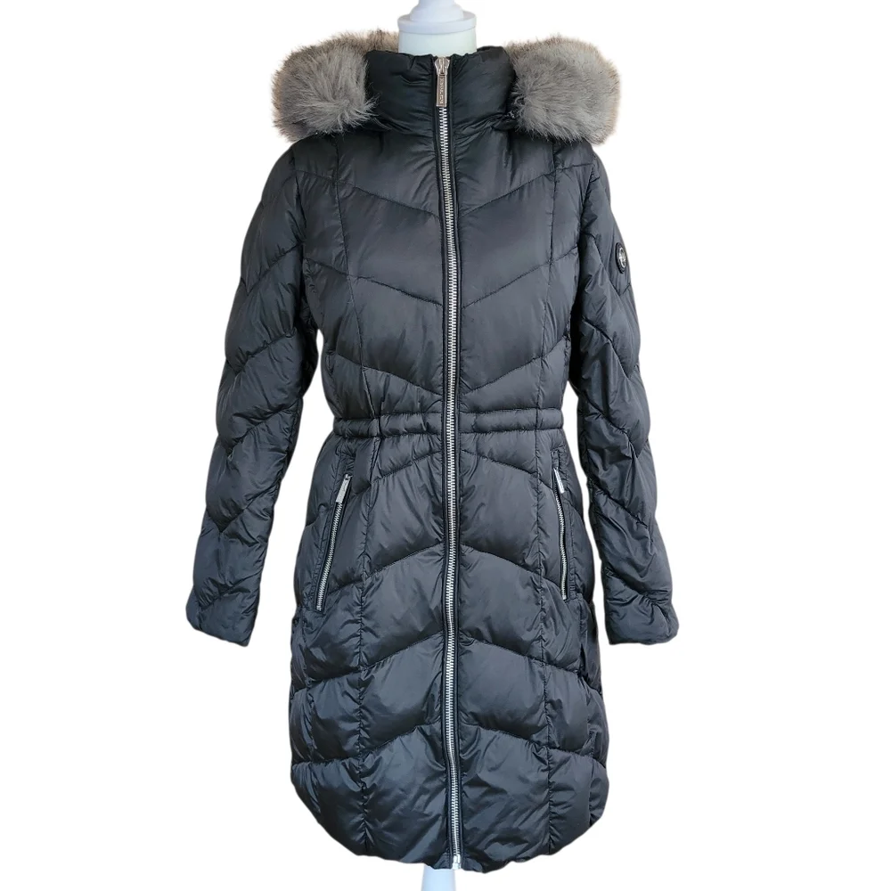 Like New Chic Michael Kors Puffer Coat with Removable Faux Fur Hood Size PS
